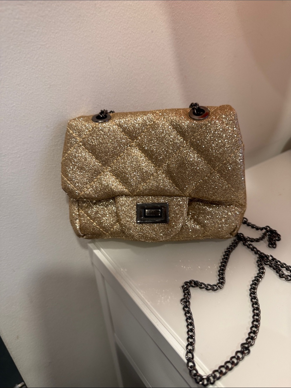 Gold Quilted Glitter Crossbody Bag with Chain Strap
